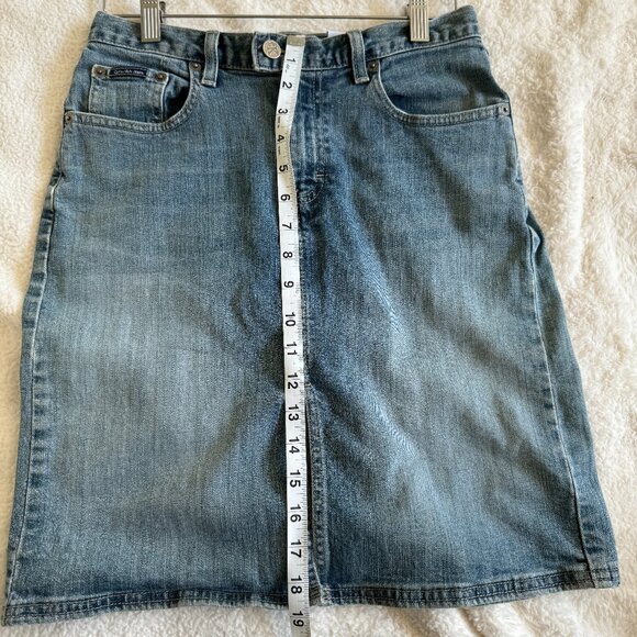 Calvin Klein Vintage Mini Jean Skirt, Blue, Medium Wash with Middle Slit, 2 - Picture 13 of 16